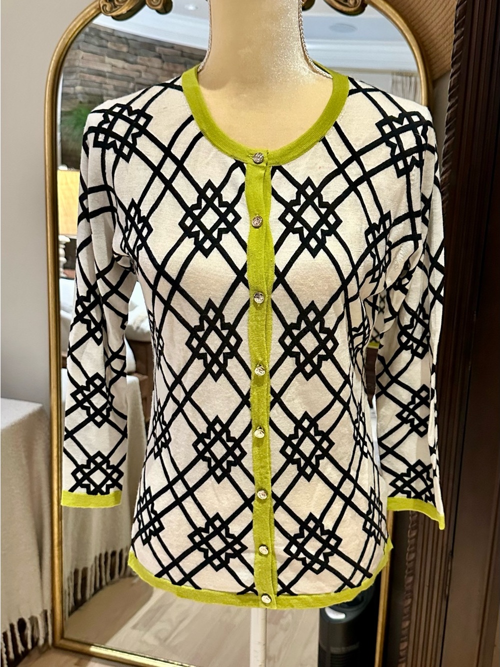 Spartina 449 Black & White Geometric Button-Front Cardigan with Lime Trim